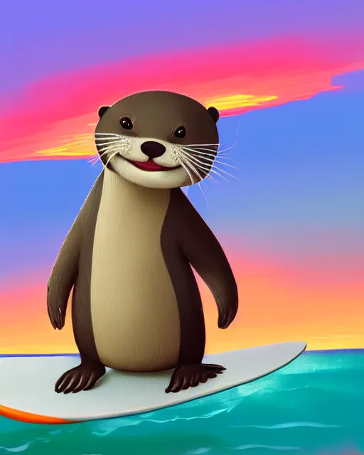 Image similar to a beautiful portrait of a cute anthropomorphic grey otter fursona furry on the beach wearing a wetsuit holding a surfboard, turquoise hair orange nose, smiling, sunset, volumetric light, detailed, by cory loftis, photorealistic, 4 k, hdr, artstation, deviantart, digital illustriation