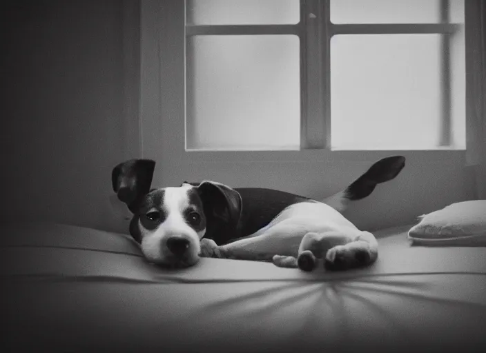 Image similar to photography of a Jack Russel . watching outside the window. on a bed. in a vintage room full of vinyls and posters.,volumetric light, photorealistic,, award winning photo, 100mm, sharp, high res