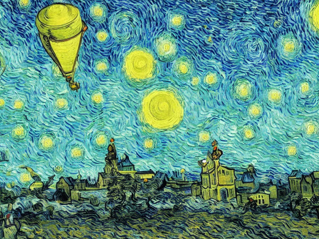 Prompt: bright beautiful oil painting of flying saucer abducting van gogh from arles france with a glowing green light, light scatter, van gogh