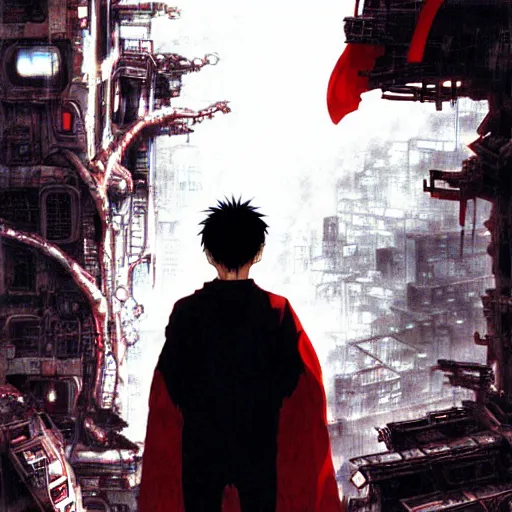 Image similar to tetsuo observing the ruins of neo - tokyo, red cape, akira | anime, matte painting, dystopian megacity neo - tokyo akira, shaded perfect, fine details. realistic shaded lighting anime manga artwork by katsuhiro otomo, akira, artgerm, jeremy lipkin and michael garmash and rob rey