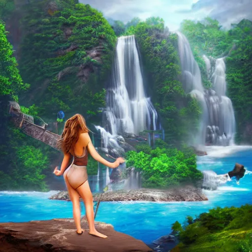 Image similar to an attractive woman holding an island with waterfalls coming off of it, happy, highly detailed, trending on art station, digital art, beautiful backdrop, highly detailed