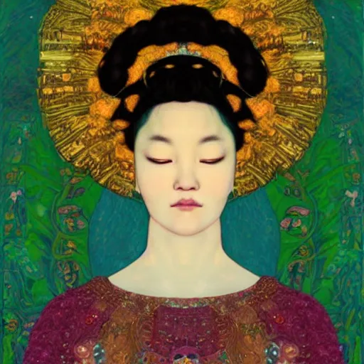 Prompt: a portrait of a very beautiful goddess with halo behind her head, looking in front, in the style of WLOP and Hsiao-Ron Cheng and Gustav Klimt