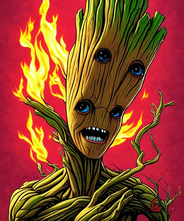 Prompt: groot being burned on fire, happy face, digital illustration by jenny frison and sana takeda and kentaro miura, fine inking lines, vivid colors, dnd, highly detailed!, hd, 4 k, trending on artstation