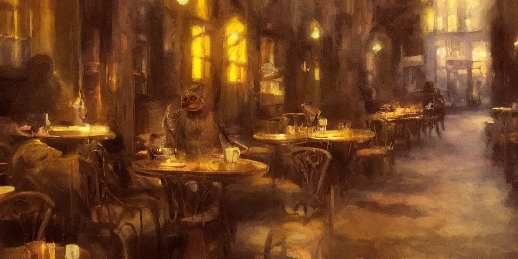 Image similar to brown cat with yellow eyes is sitting at table in a cafe at paris in early 2 0 th century. atmospheric feeling, warm colours, brown colours, yellow colours, epic scene, cinematic, very detailed, concept art, trending on artstation