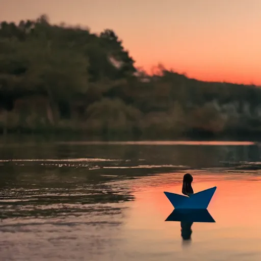 Prompt: a girl in a origami paper boat at dusk