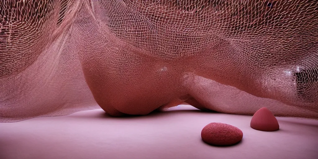 Image similar to biomorphic structures out of stocking - like material and nets that fills with various objects like spices, sand and rocks by ernesto neto, dusty pink with light - mint color, film still from the movie directed by denis villeneuve with art direction by zdzisław beksinski, telephoto lens, shallow depth of field