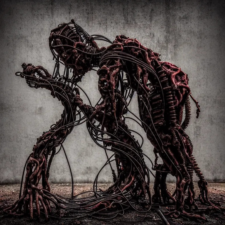 Prompt: portrait of abandoned ribbed organic biomechanical sculpture of two kissing cyborgs, covered with wires, spines, roots, ash, mold, meat, red smoke, baroque painting, standing in a desolate empty wasteland, creepy, nightmare, dream-like heavy atmosphere, dark fog, surreal abandoned buildings, baroque painting, beautiful detailed intricate insanely detailed octane render trending on Artstation, 8K artistic photography, photorealistic, volumetric cinematic light, chiaroscuro, zoomed out, fisheye, Raphael, Caravaggio, Beksinski, Giger,