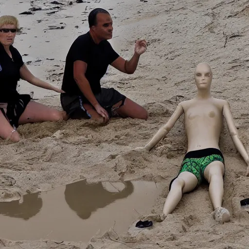 Prompt: plastic mannequins drowning in quicksand on epstein island, highly detailed facial expressions