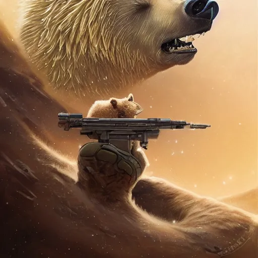 Image similar to detailed science - fiction character portrait of a grizzly bear shooting a machine gun in space, intricate, wild, highly detailed, digital painting, artstation, concept art, smooth, sharp focus, illustration, art by artgerm and greg rutkowski and alphonse mucha