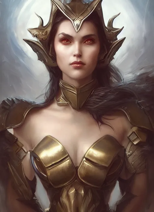 Image similar to a beautiful woman with horns and armor, painted by artgerm and tom bagshaw, fantasy art, dramatic lighting, highly detailed oil painting