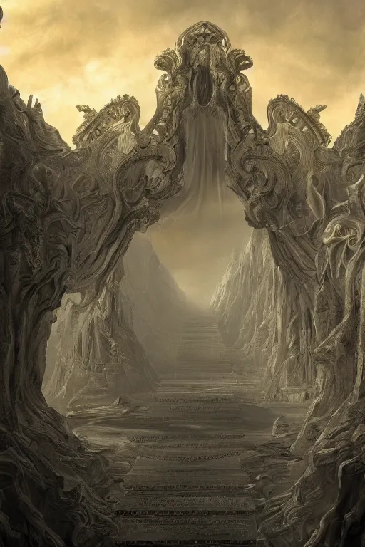 Image similar to a beautiful 3 d gigantic golden hell's gate osborne robert mandel artstation unreal 8 k ， greco - roman art, intricate complexity, gilded swirls on monochrome, occult propaganda, in the thick fog