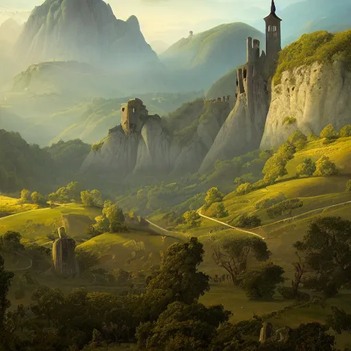 Image similar to Vast verdant empty flat valley surrounded by Transylvanian mountains with a huge zeppelin hovering above it, and a ruined medieval castle on the hillside in the background. No villages. Late evening light in the summer, gloomy weather. Hyperrealistic, high quality, sharp, highly detailed, peter mohrbacher, ansel adams.