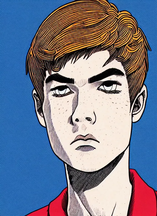 Image similar to portrait of teenage archie andrews, freckles, varsity jacket, intricate, highly detailed, illustration, art by junji ito, junji ito