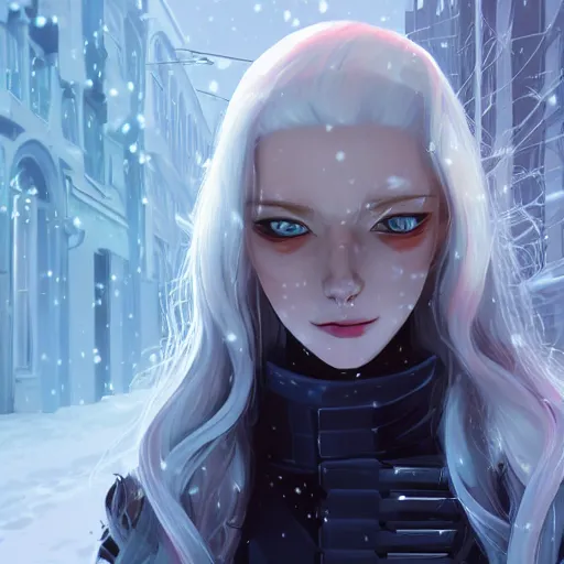 Image similar to portrait of the pale blond soldier Lucius, long curly blond hair, jagged black cyberpunk armor, imperial russian city streets covered in snow, sci fi, night time, ambient lighting, 4k, anime key visual, lois van baarle, ilya kuvshinov, rossdraws, artstation