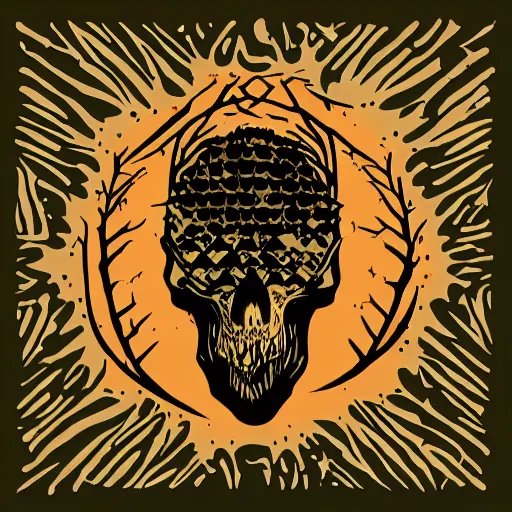 Image similar to dark death metal themed vector illustration for a record label, trees. forest, spikes, skull, microphone, skull, award winning, grunge, iconic, golden ratio