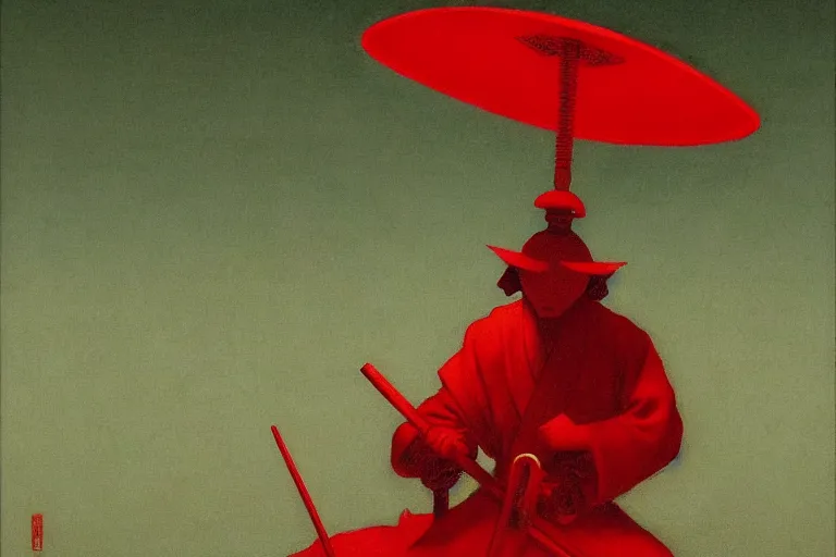 Image similar to only with red, a red samurai do seppuku, tokio, a lot of frogs watch, in the style of beksinski, parts by edward hopper, parts by rodcenko, parts by yue minjun, intricate and epic composition, red by caravaggio, insanely quality, highly detailed, masterpiece, red light, artstation, 4 k