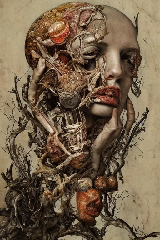 Image similar to Detailed maximalist portrait of a greek god with large lips and eyes, scared expression, botanical anatomy, skeletal with extra flesh, HD mixed media, 3D collage, highly detailed and intricate, surreal illustration in the style of Jenny Saville, dark art, baroque, centred in image