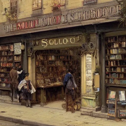 Prompt: jean-Baptiste Monge and Solomon Joseph Solomon and Richard Schmid and Jeremy Lipking victorian genre painting painting of an english 19th century english bookshop store front on a stone city streat with shops and stores