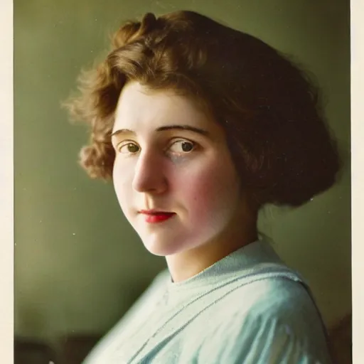 Image similar to a vintage 1 9 1 0 s kodachrome slide portrait of a young woman at home.