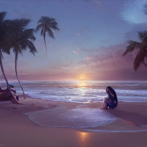 Prompt: a spot on the beach at twilight where i like to spend time thinking. by john avon and marc simonetti, early evening, moon in the sky, trending on artstation