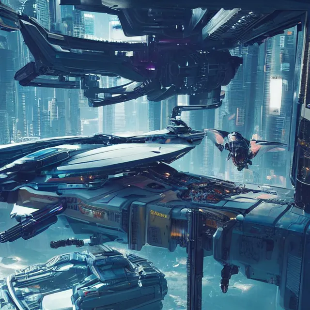 Image similar to ( cyberpunk 2 0 7 7, bladerunner 2 0 4 9 ) scientists creating an artificial alien highly detailed futuristic biomechanical thick smooth quad wing combat spaceship in their spaceship lab, hyper realistic, highly detailed, sharp focus, depth of field, photography, natural light,, ultra detailed, photorealistic, by brian sum and annie leibowitz, - t