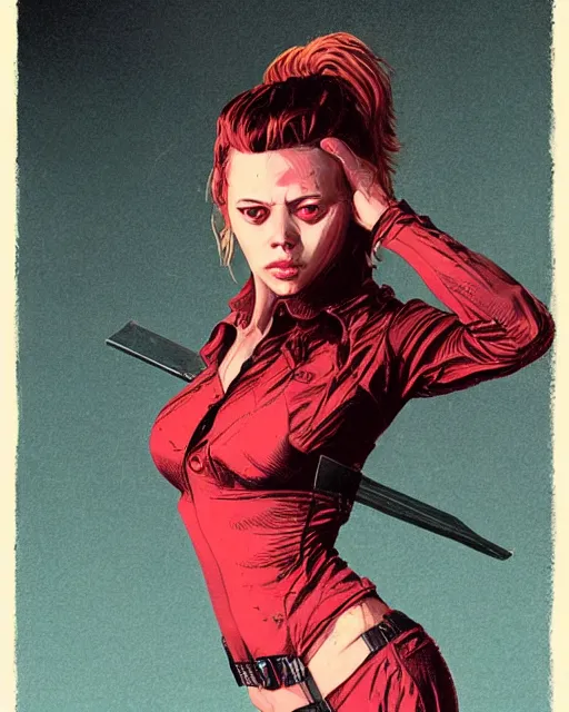 Image similar to scarlett johannson as the final girl, slasher, horror, high details, intricate details, by vincent di fate, artgerm julie bell beeple, 1 9 9 0 s, inking, vintage 9 0 s print, screen print