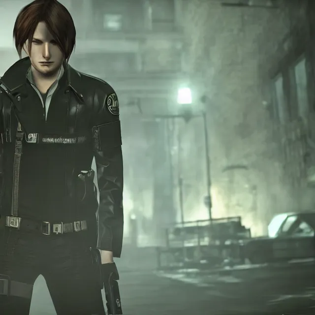 Image similar to Squall Leonhart in Resident Evil 2, unreal engine, dramatic lighting, cinematic