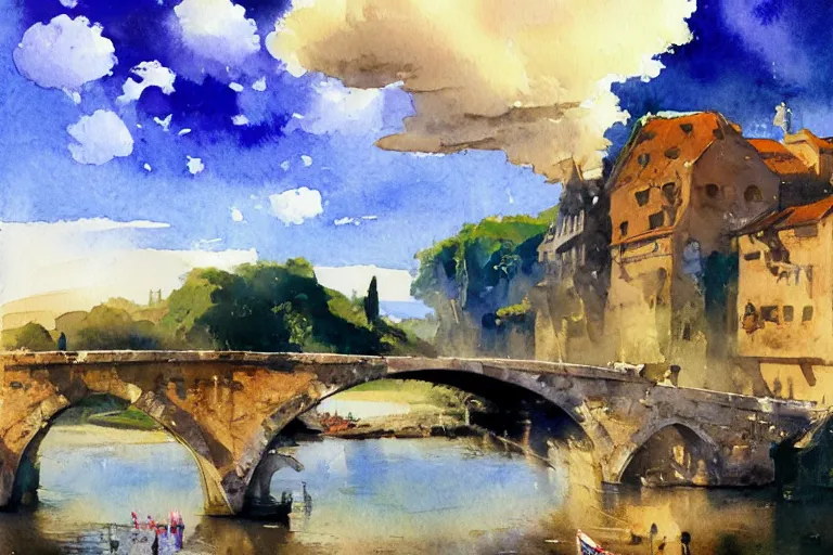 Image similar to small centered on watercolor paper, paint brush strokes, abstract watercolor painting of ancient roman bridge in bright daylight, tall clouds, cinematic light, national romanticism by hans dahl, by jesper ejsing, by anders zorn, by greg rutkowski, by greg manchess, by tyler edlin