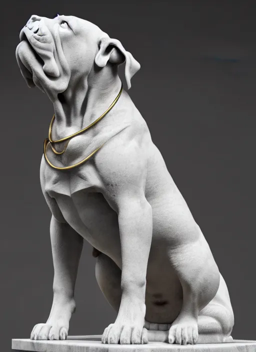 Prompt: a statue made of white marble with gold veins, of klay thompson petting a bulldog, full body shot, perfect symmetrical body, perfect symmetrical face, hyper realistic, hyper detailed, by johannen voss, by peter kemp, by monia merlo, by michelangelo, octane render, blender, 8 k