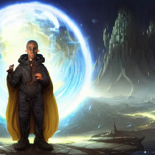 Image similar to rogue male wearing a cloak on an alien world and holding a holographic planet projection in his hand, masked face, detailed, sci - fi, digital painting, artstation, sharp focus, illustration, artgerm, tomasz alen kopera, peter mohrbacher, donato giancola, joseph christian leyendecker, wlop, frank frazetta