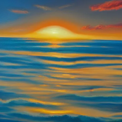 Image similar to sea, wavy, sun at dawn reflecting on the sea cloudy oil painting 4 k