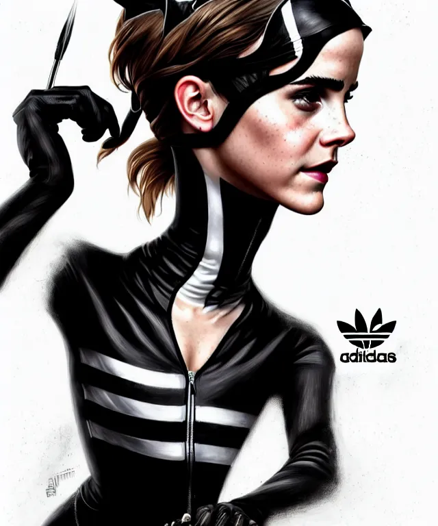 Prompt: a detailed fifty mm portrait of emma watson as a catwoman in a black adidas track suit with white stripes, highly detailed, digital painting, artstation, concept art, sharp focus, cinematic lighting, illustration, art by met mangindaan, artgerm and greg rutkowski, alphonse mucha, cgsociety