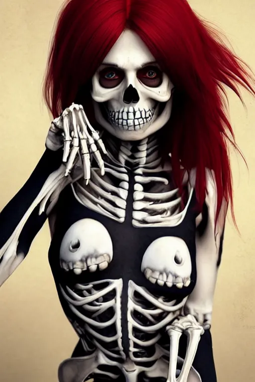 Prompt: skeleton black bones!!, covered with blood, jessica nigri face!!, highly detailed face, long red hair, beautiful blue eyes, ultra realistic, concept art, intricate details, photorealistic, octane render, 8 k, unreal engine. retro film still, heavy grain, 3 5 mm, art by artgerm and greg rutkowski and alphonse mucha