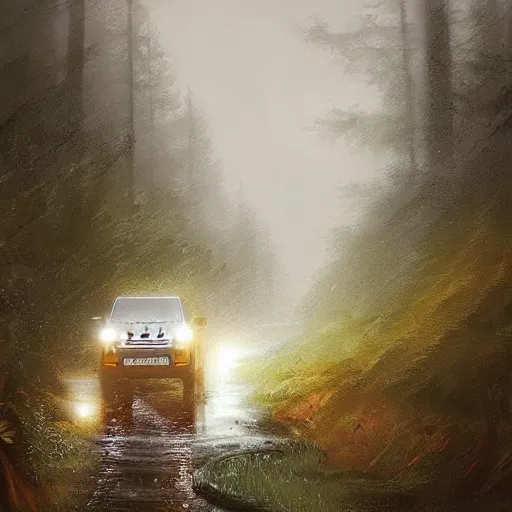 Image similar to a landrover crossing a forest path while its raining, digital art, artstation, photgraphy, highly detailed, digital painting, artstation, concept art, sharp focus, illustration, art by greg rutkowski and artgerm