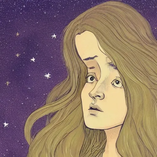 Image similar to Performance art. A beautiful illustration of a young girl with long flowing hair, looking up at the stars. She appears to be dreaming or lost in thought. by Brian K. Vaughan