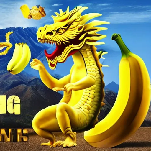 Image similar to Chinese president with bananas, dragon, mountains background, epic stance, battle