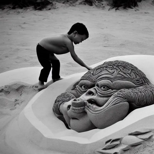 Prompt: a photo of a young boy making a intricate Jabba the Hutt sand sculpture at the beach, highly detailed, 8k, photorealistic, award winning photo, photography