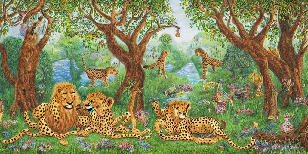 Prompt: cheetah and lion in front of birthday table in fairytale forest , huge scale, high detail, intricate by Axel Scheffler