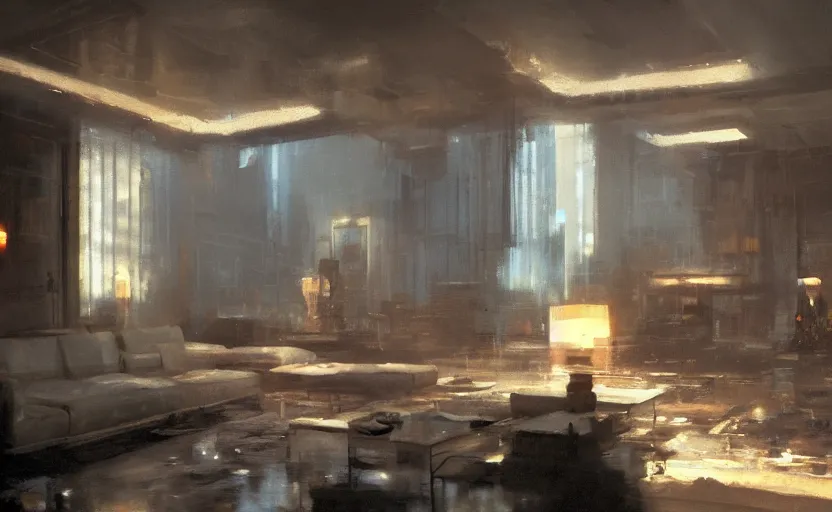 Image similar to a luxury high tech apartment interior, painting by Craig Mullins, interior design, octane rendering, warm moody lighting, wide angle lens, low view, in the style of blade runner