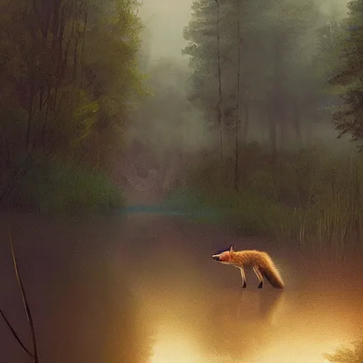 Image similar to a fox swimming in a river the background is a huge lake the fox is scared and swimming for his life the weather is raining and foggy by greg rutkowski