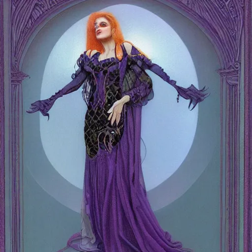 Prompt: portrait of a purple witch with golden embroidery, by gerald brom.