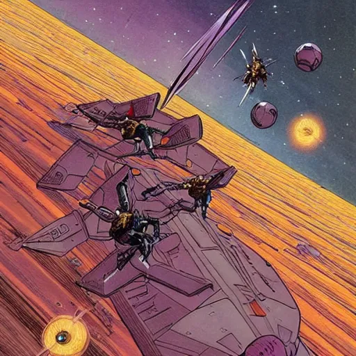 Image similar to a battle in the space, moebius style.