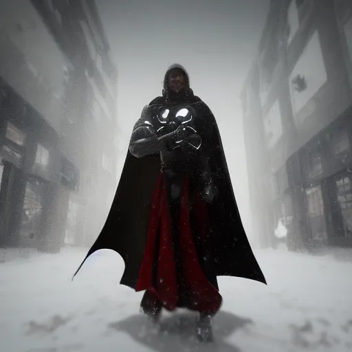 Image similar to a hero with a cape holding a skull during a blizzard in a city, award winning, trending on artstation, unreal engine