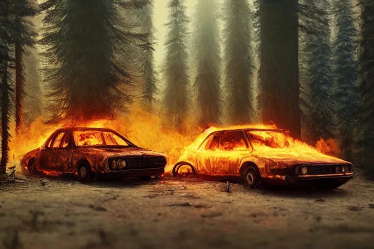 Image similar to burning car standing in a beautiful swedish forest, highly detailed, hyperrealistic, very sharp focus, intricate, soft lighting, wide shot photograph, digital painting by simon stålenhag