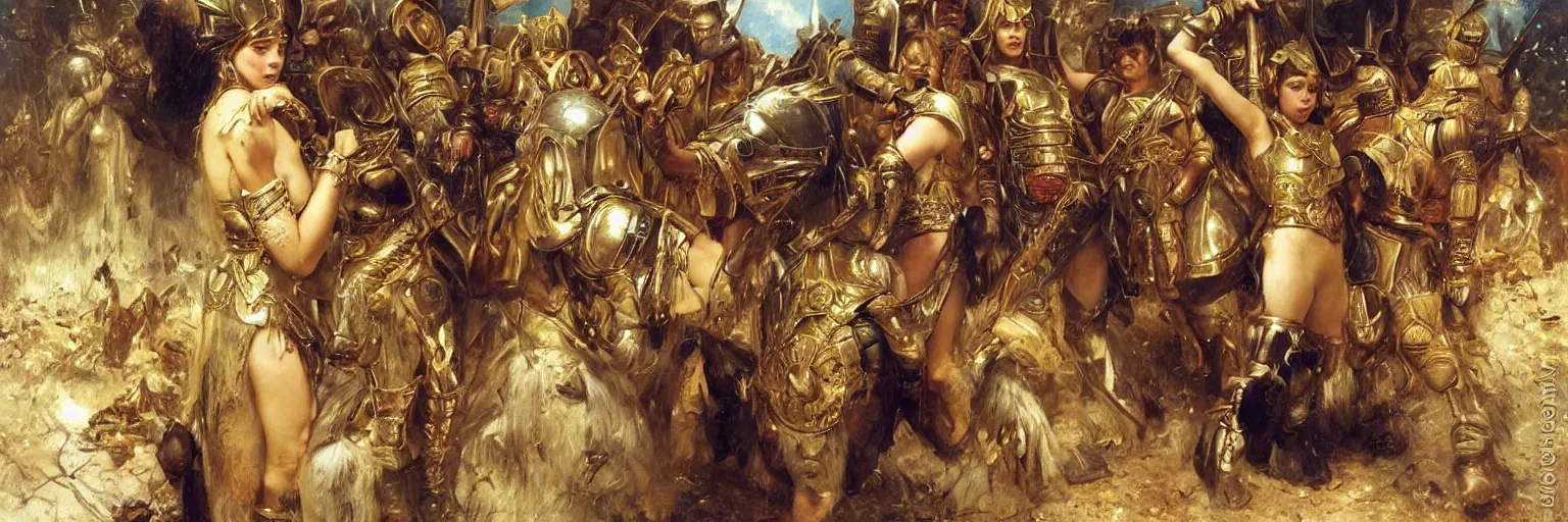 Prompt: a single young girl wearing a gold armor standing in a battlefirld, surrounded by dead bodies, extremely realistic and highly detailed painting by gaston bussiere and j. c. leyendecker 8 k