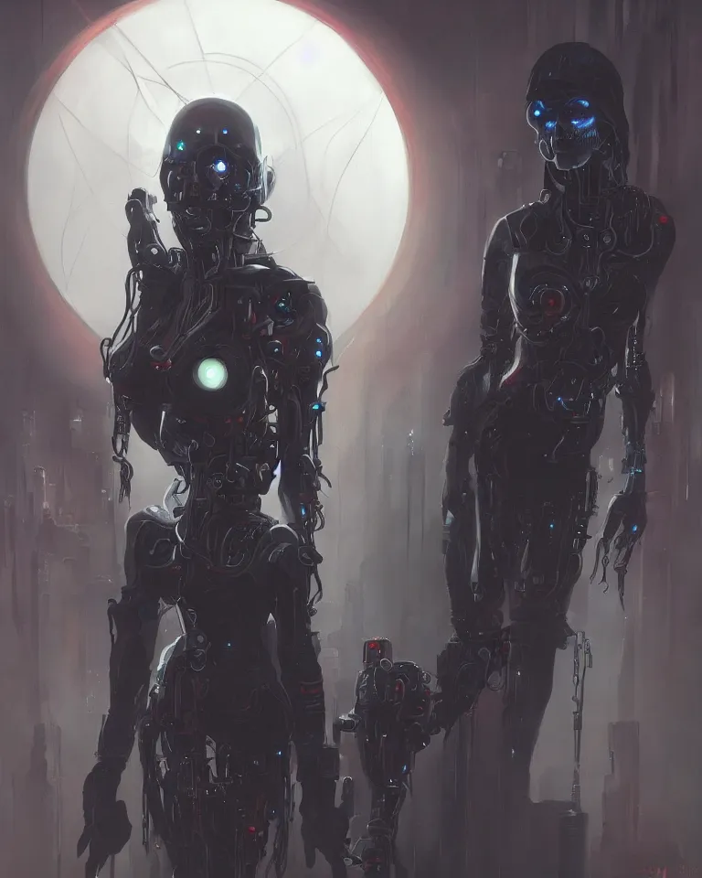 Image similar to a haunting ominous painting of a horrifying but beautiful cybernetic ghost in the style of brom, cyberpunk, artstation