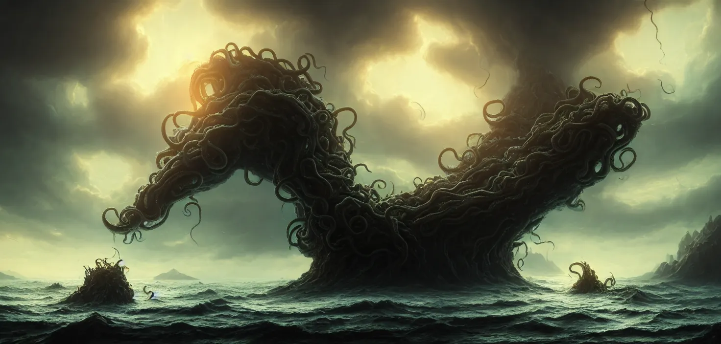 Prompt: mysterious monster with seven heads rising from a sea, huge tentacles sticking out of the water, landscape, cinematic view, epic sky, detailed, concept art, low angle, high detail, warm lighting, volumetric, godrays, vivid, beautiful, trending on artstation, by jordan grimmer, huge scene, grass, art greg rutkowski