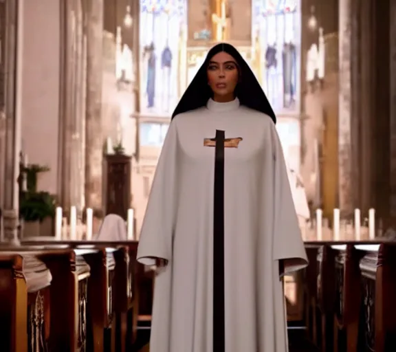 Prompt: a movie still of kim kardashian with a priest as a nun on the alter of a church.