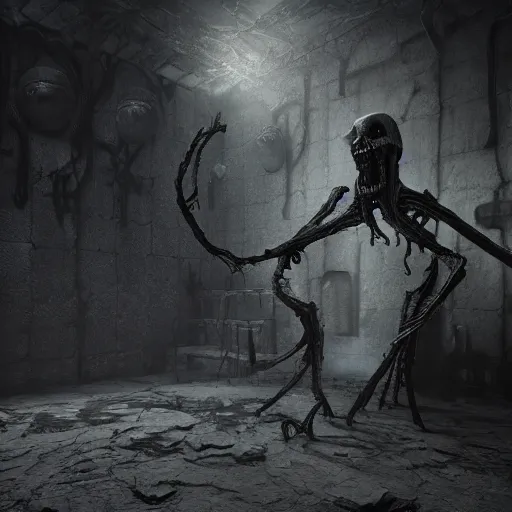 Prompt: photorealistic abyssal depth of darkness that holds evil souls inspired by Tim Burton and Giger, octane render, unreal engine 4k, volumetric light, fog, detailed