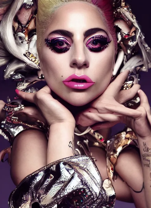 Image similar to lady gaga styled by nick knight posing , high fashion themed, archive pieces, vogue magazine, Highly realistic. High resolution. Highly detailed. Dramatic. 8k.4k.